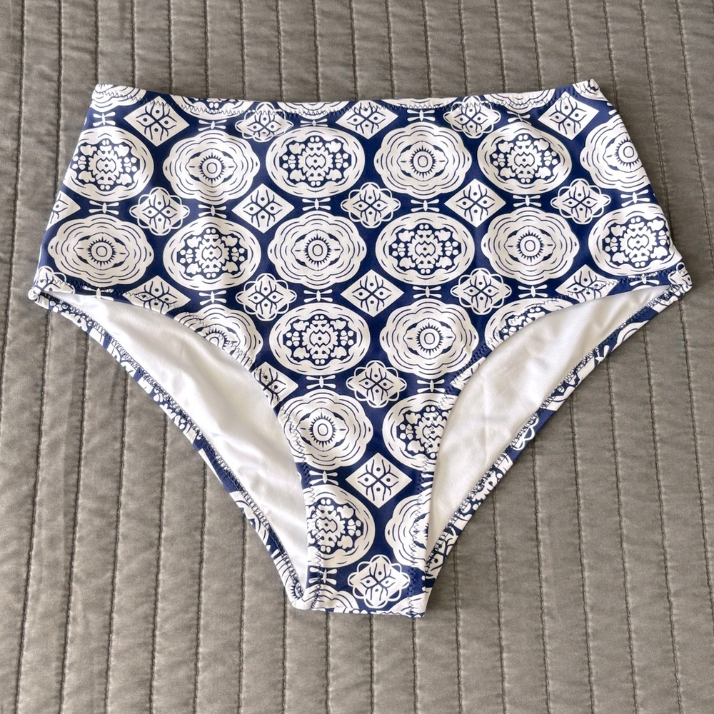 Cupshe High Waist Blue White Geometric Print Bikini Bottoms Size Medium …